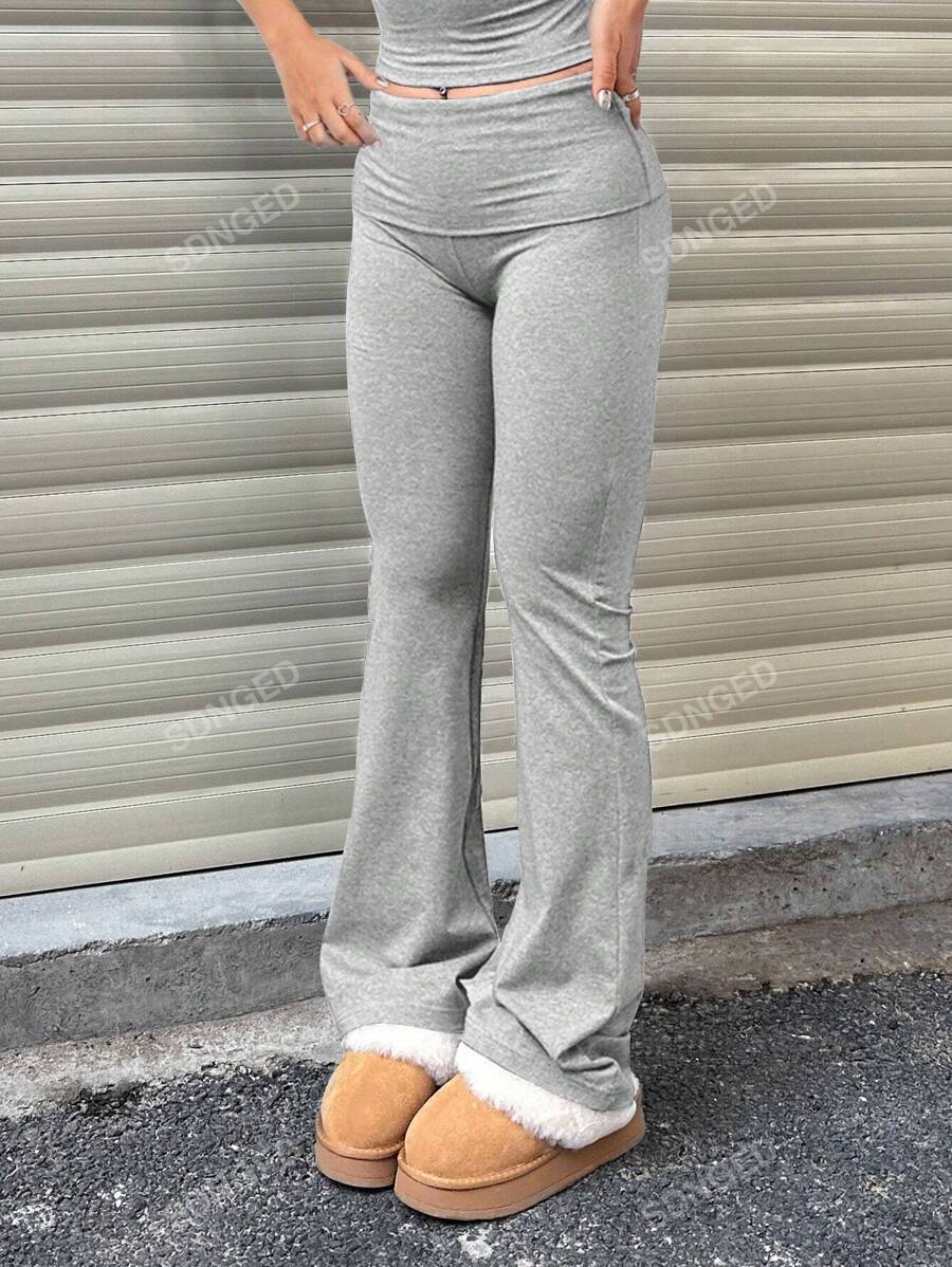 Women's High-Waist Flare Pants – Ruched Fold-Over Waist, Solid Color