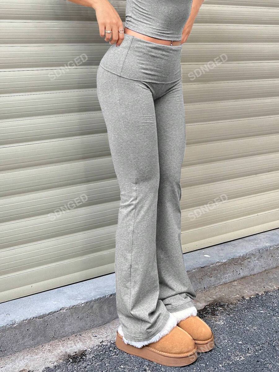 Women's High-Waist Flare Pants – Ruched Fold-Over Waist, Solid Color