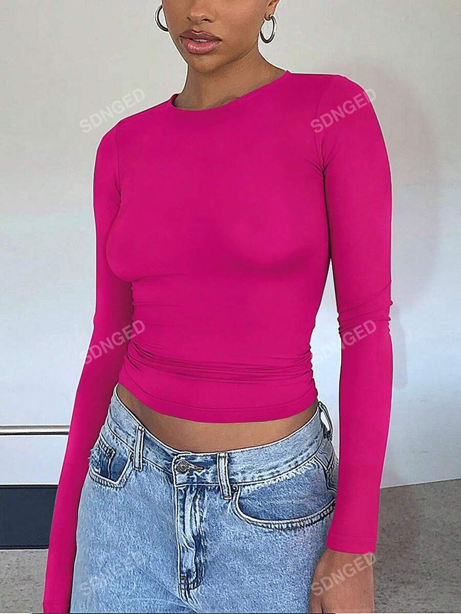 Women's Ruched Slim-Fit Long Sleeve T-Shirt – Plain Crew Neck (All Seasons)