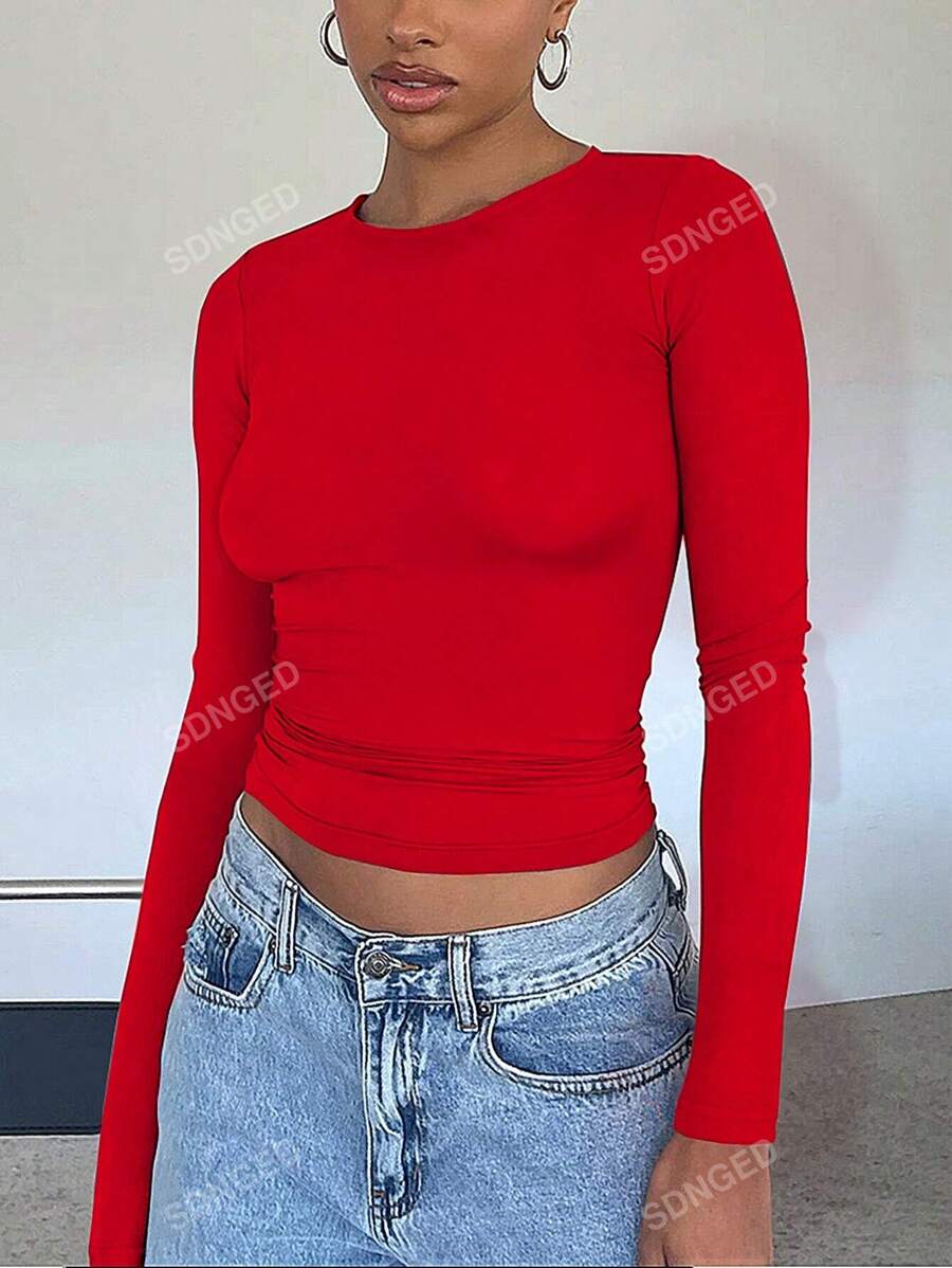 Women's Ruched Slim-Fit Long Sleeve T-Shirt – Plain Crew Neck (All Seasons)