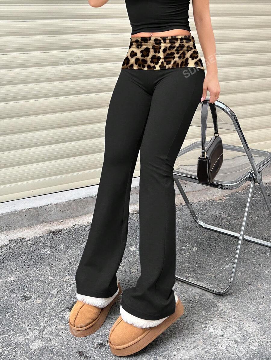 Women's High-Waist Flare Pants – Ruched Fold-Over Waist, Solid Color