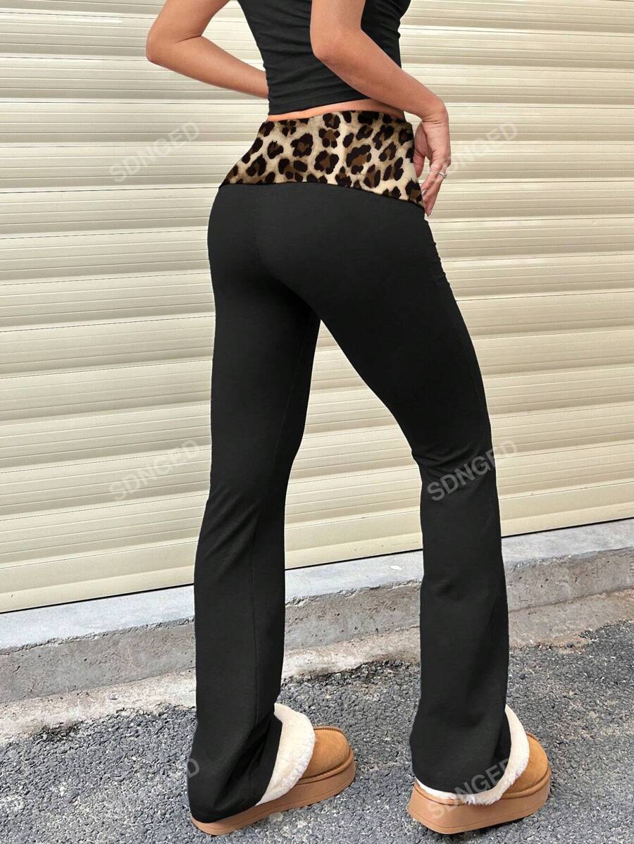 Women's High-Waist Flare Pants – Ruched Fold-Over Waist, Solid Color