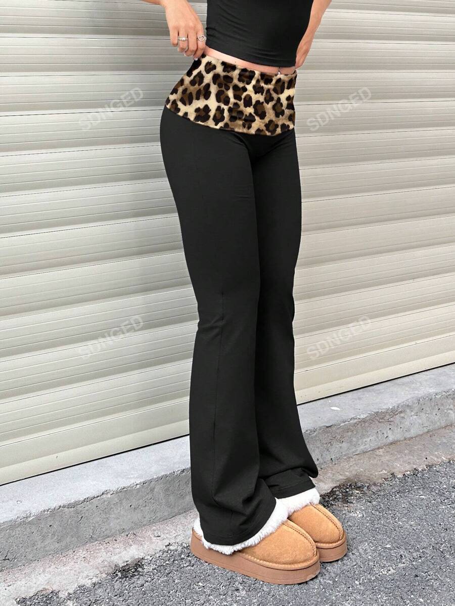 Women's High-Waist Flare Pants – Ruched Fold-Over Waist, Solid Color