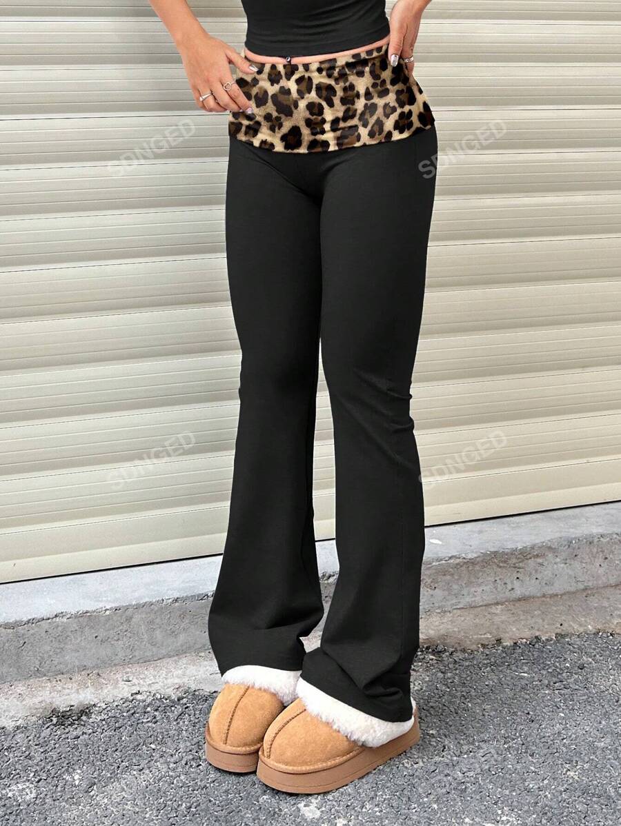 Women's High-Waist Flare Pants – Ruched Fold-Over Waist, Solid Color