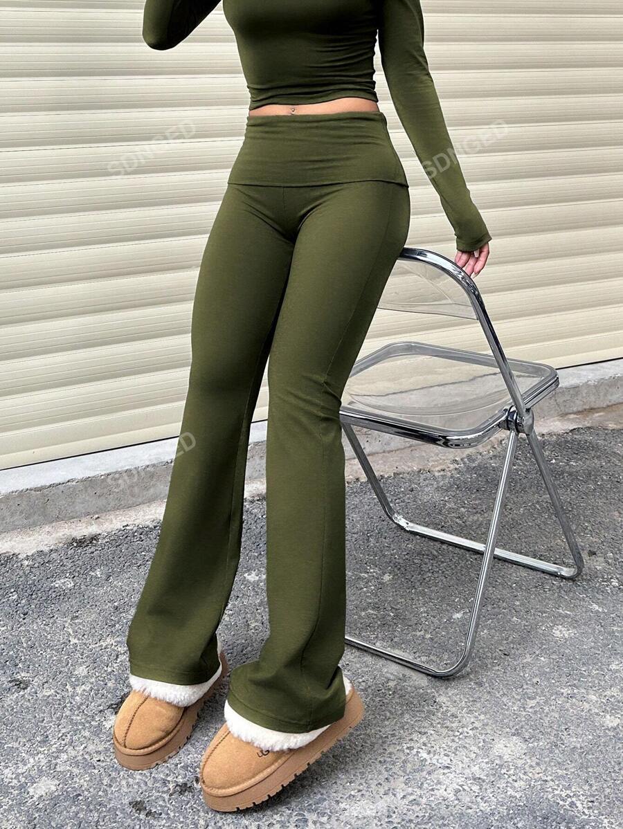 Women's High-Waist Flare Pants – Ruched Fold-Over Waist, Solid Color