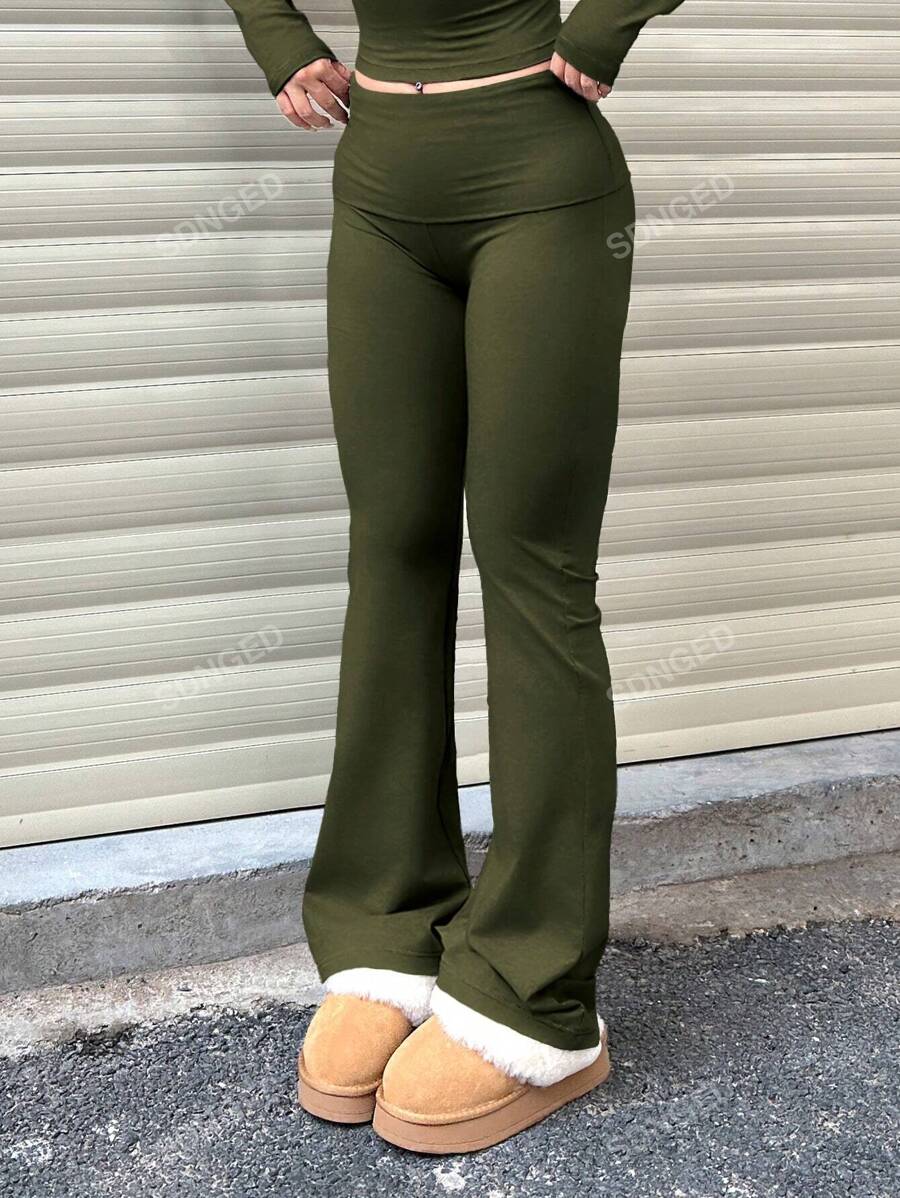 Women's High-Waist Flare Pants – Ruched Fold-Over Waist, Solid Color