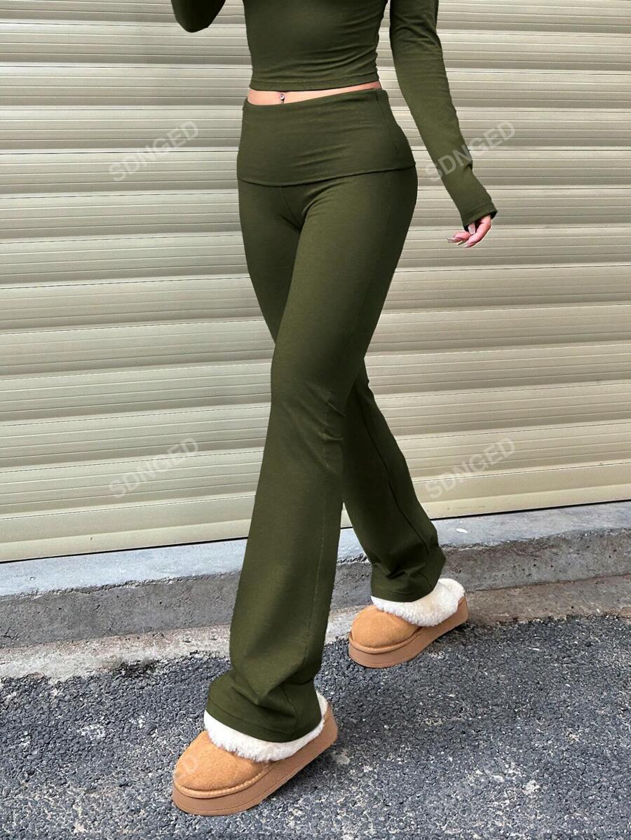 Women's High-Waist Flare Pants – Ruched Fold-Over Waist, Solid Color