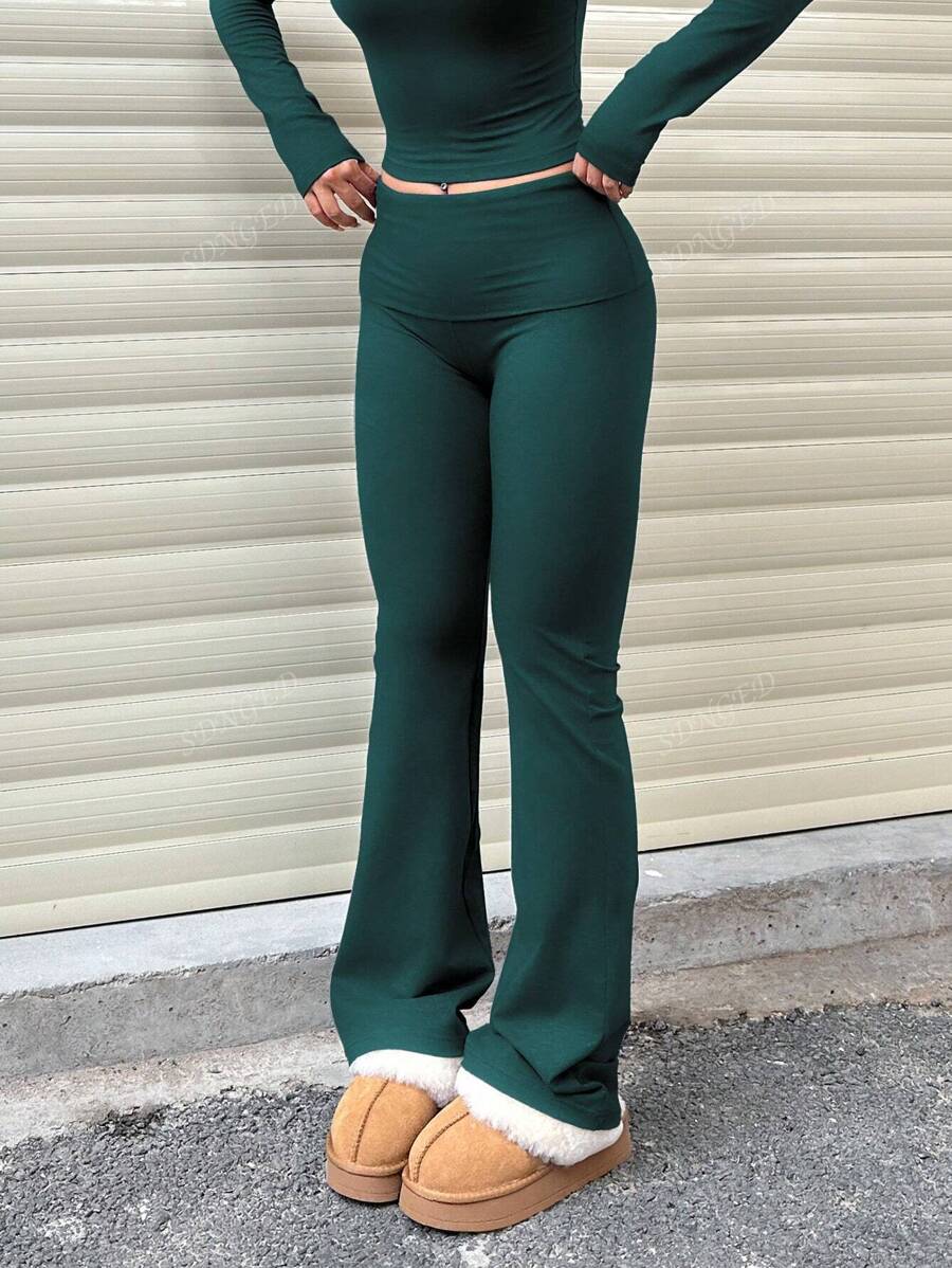 Women's High-Waist Flare Pants – Ruched Fold-Over Waist, Solid Color