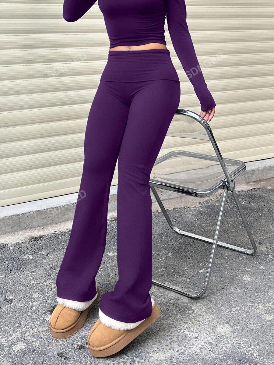 Women's High-Waist Flare Pants – Ruched Fold-Over Waist, Solid Color