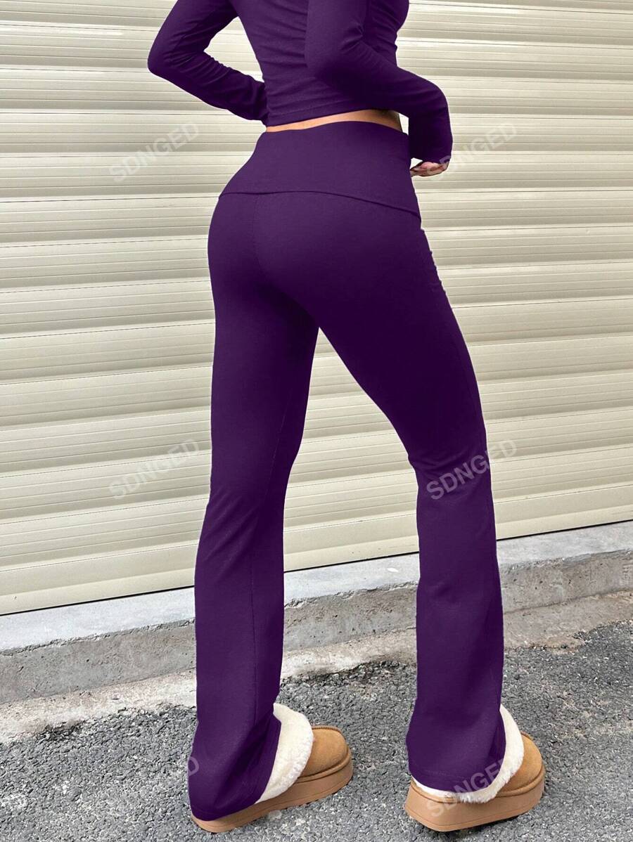Women's High-Waist Flare Pants – Ruched Fold-Over Waist, Solid Color