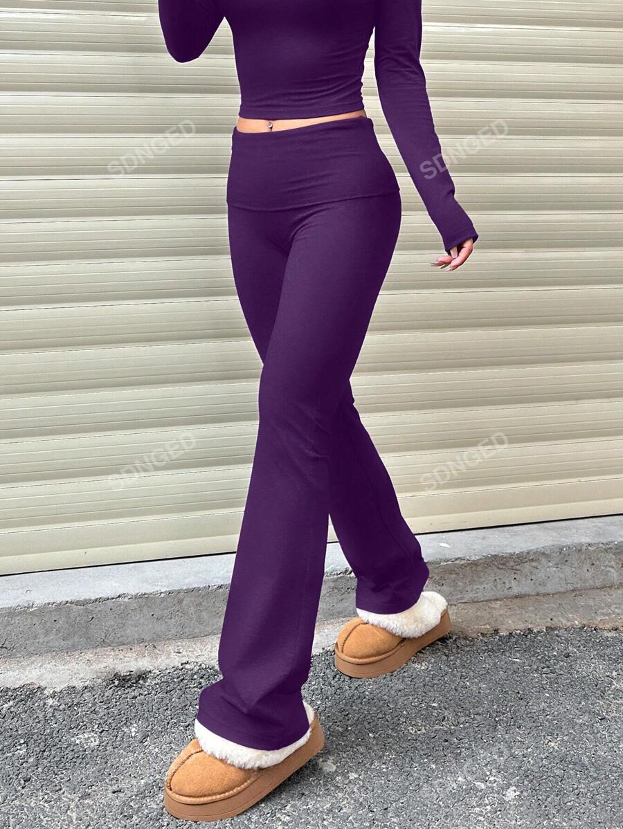 Women's High-Waist Flare Pants – Ruched Fold-Over Waist, Solid Color