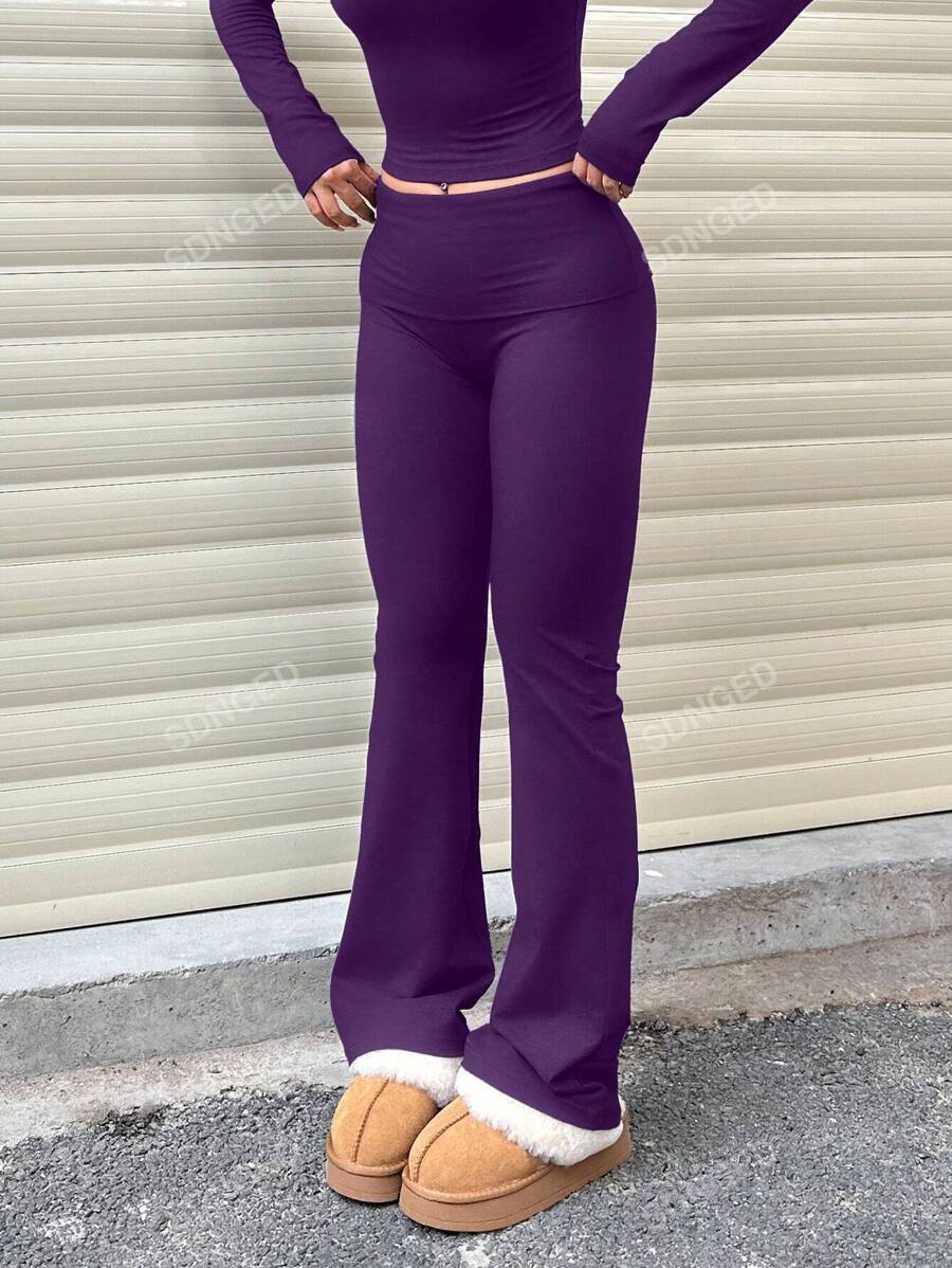 Women's High-Waist Flare Pants – Ruched Fold-Over Waist, Solid Color