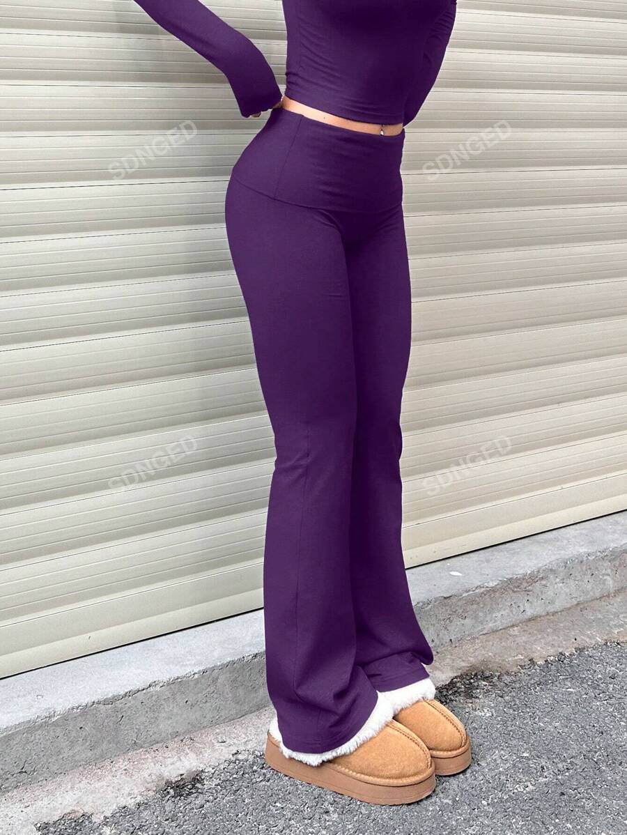 Women's High-Waist Flare Pants – Ruched Fold-Over Waist, Solid Color