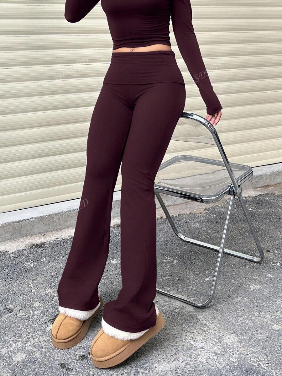 Women's High-Waist Flare Pants – Ruched Fold-Over Waist, Solid Color