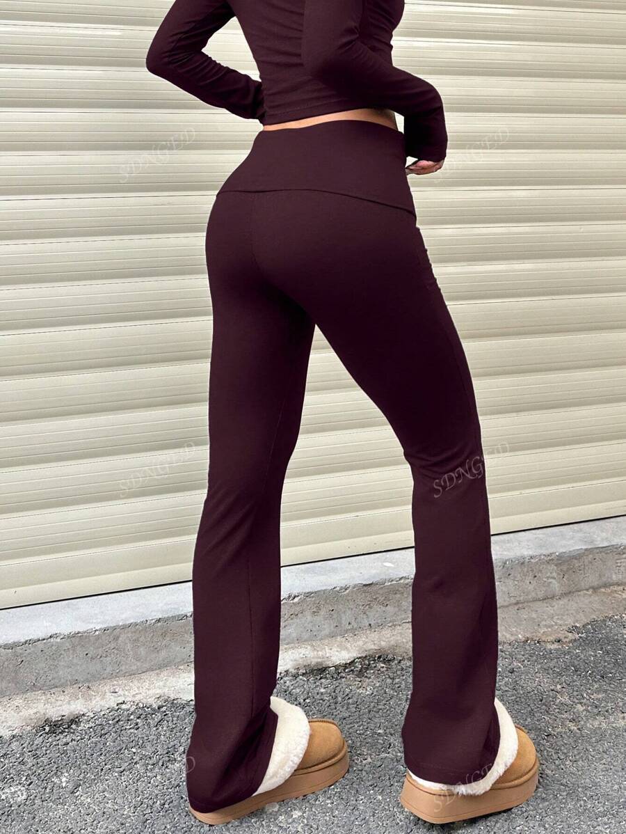 Women's High-Waist Flare Pants – Ruched Fold-Over Waist, Solid Color
