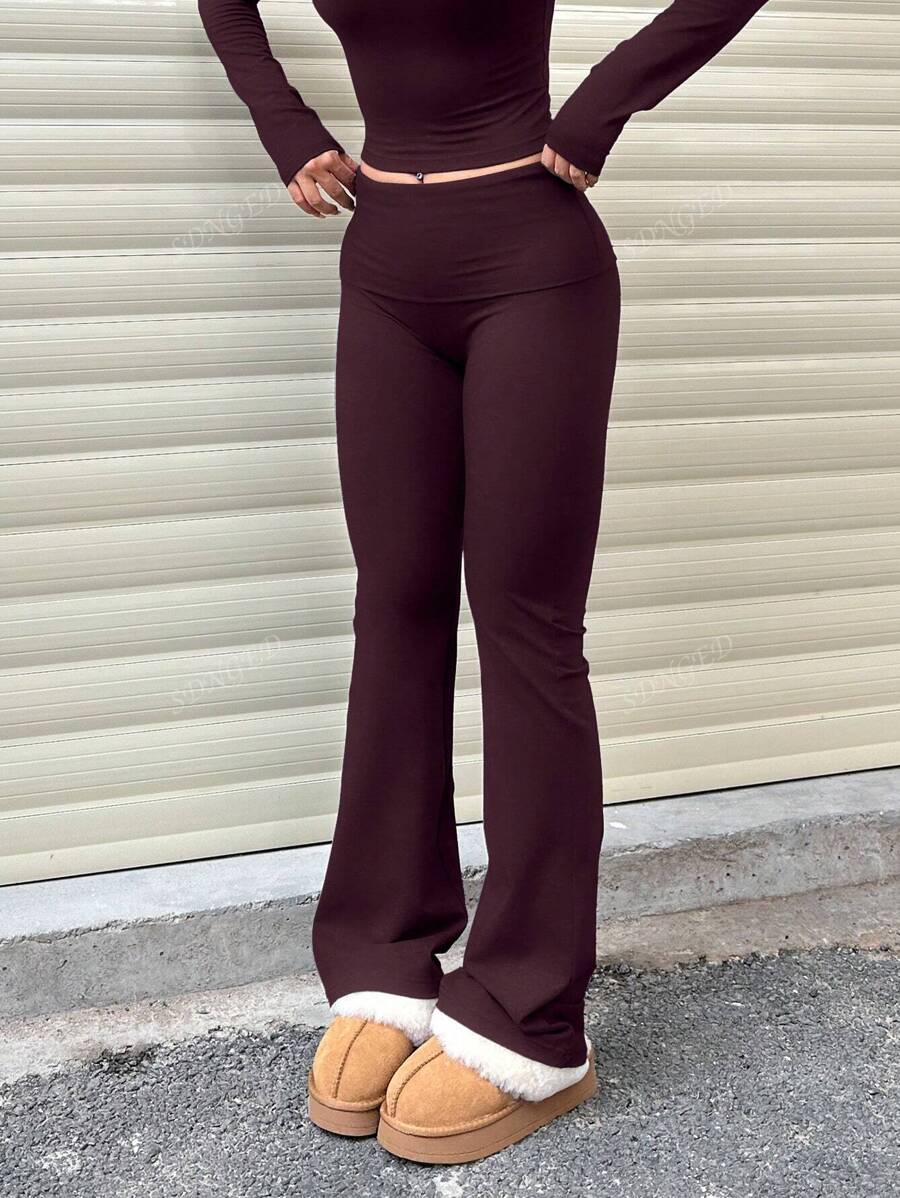 Women's High-Waist Flare Pants – Ruched Fold-Over Waist, Solid Color