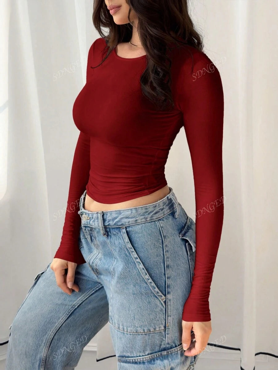 Women's Ruched Slim-Fit Long Sleeve T-Shirt – Plain Crew Neck (All Seasons)
