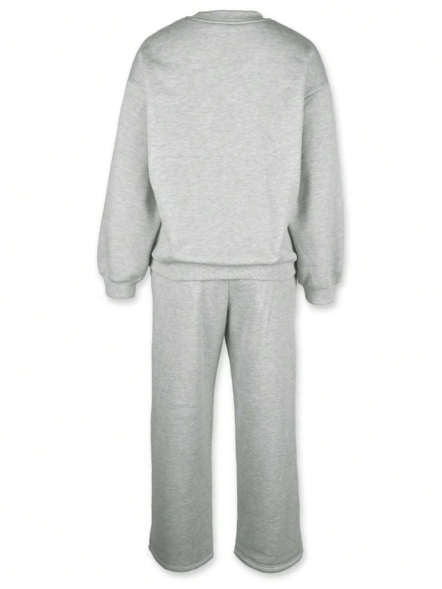 Women's 2-Piece Crew Neck Top & Drawstring Pants Set – Solid Color (Fall)