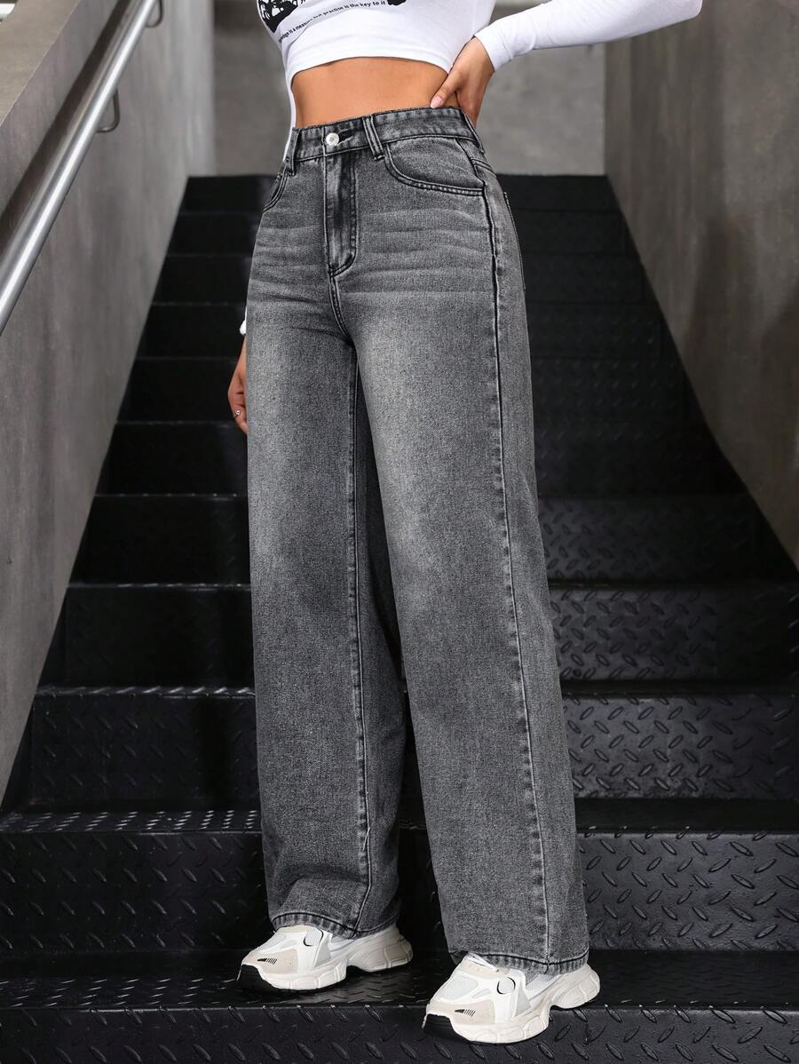 Women's Retro Washed Straight-Leg Jeans – Mid-Waist