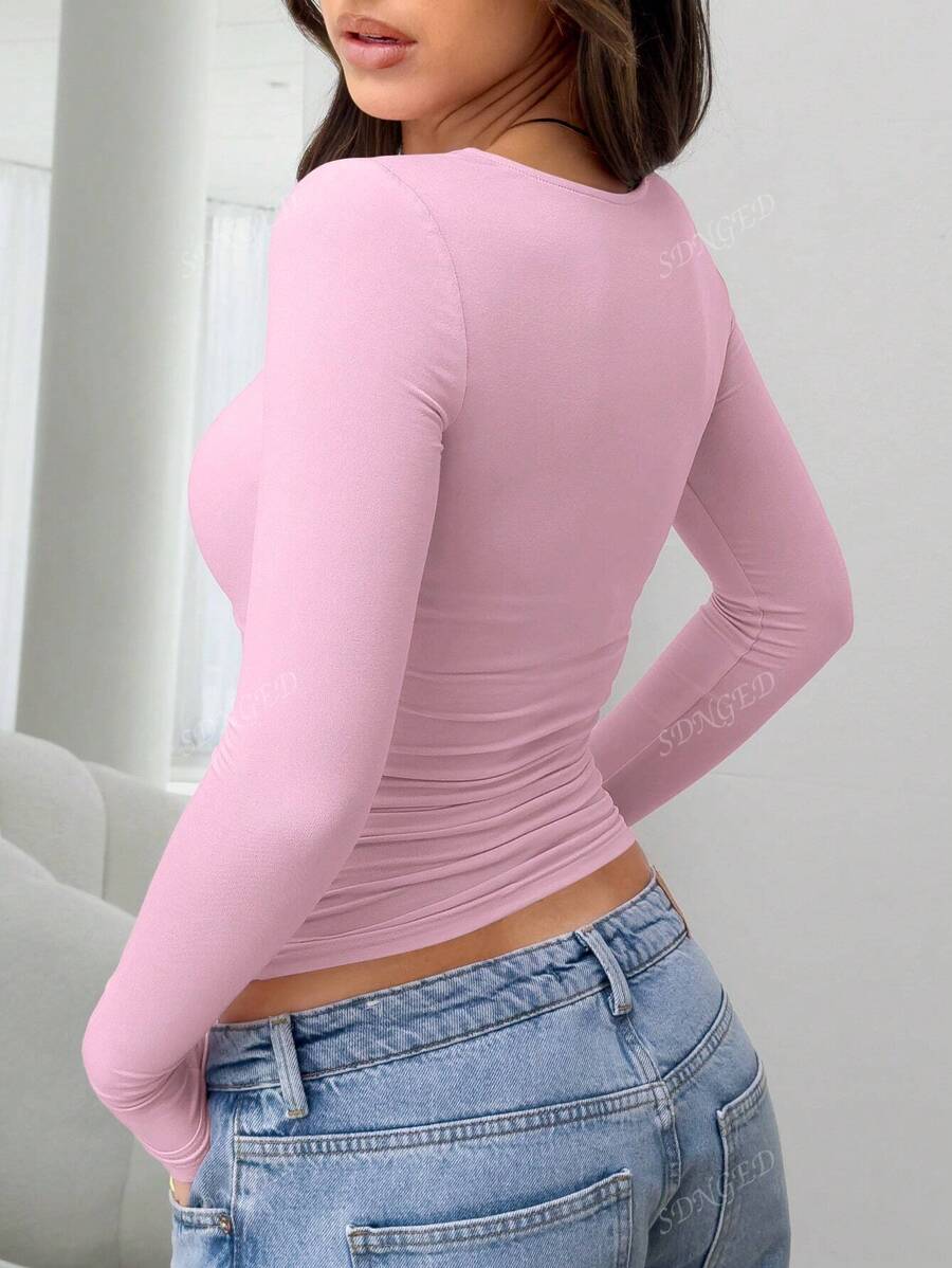 Women's Ruched Slim-Fit Long Sleeve T-Shirt – Plain Crew Neck (All Seasons)