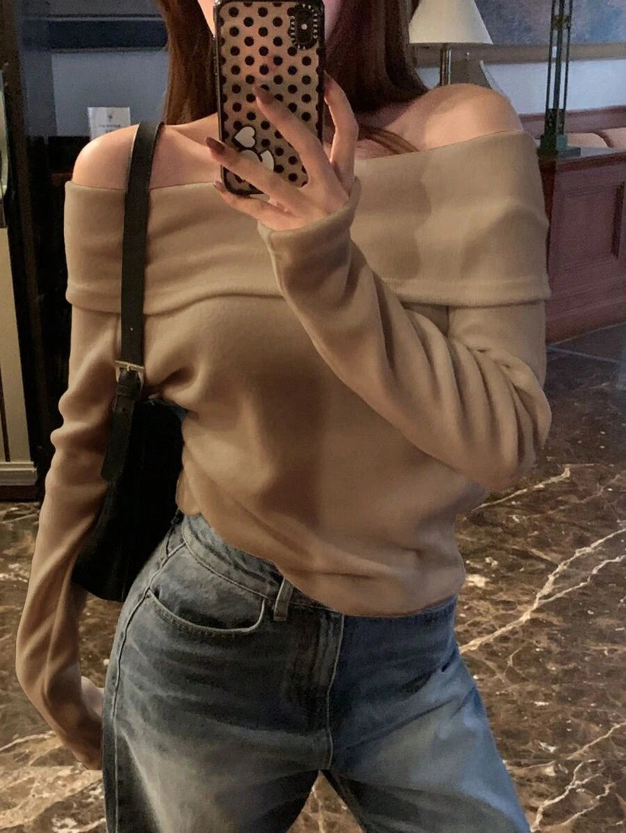 Women's Off-Shoulder Knit Top – Coffee Brown (Spring–Autumn)