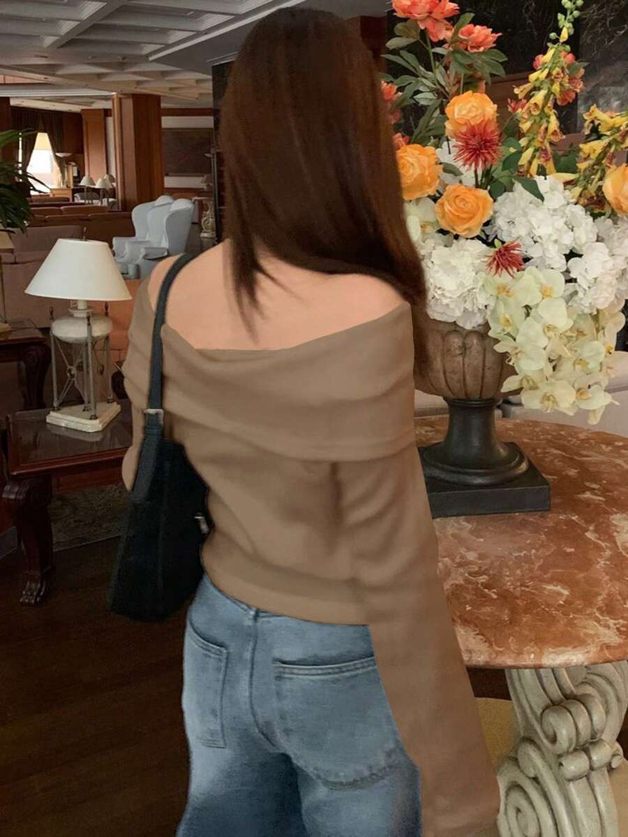 Women's Off-Shoulder Knit Top – Coffee Brown (Spring–Autumn)
