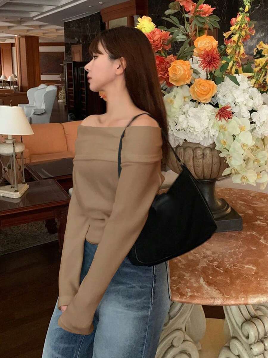 Women's Off-Shoulder Knit Top – Coffee Brown (Spring–Autumn)