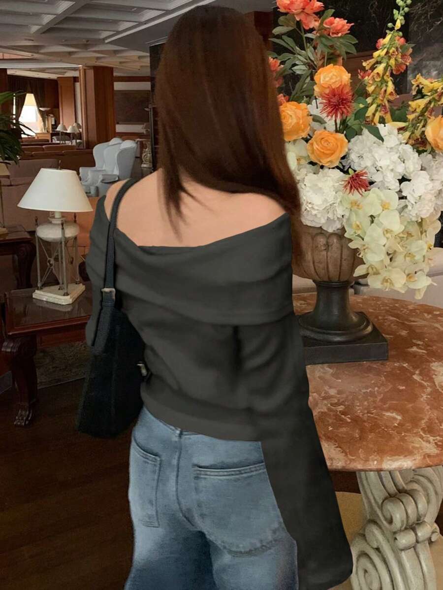 Women's Off-Shoulder Knit Top – Coffee Brown (Spring–Autumn)