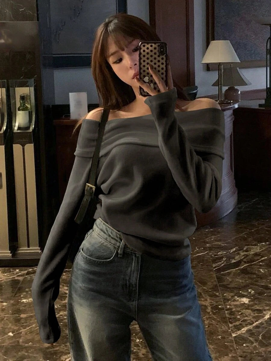 Women's Off-Shoulder Knit Top – Coffee Brown (Spring–Autumn)