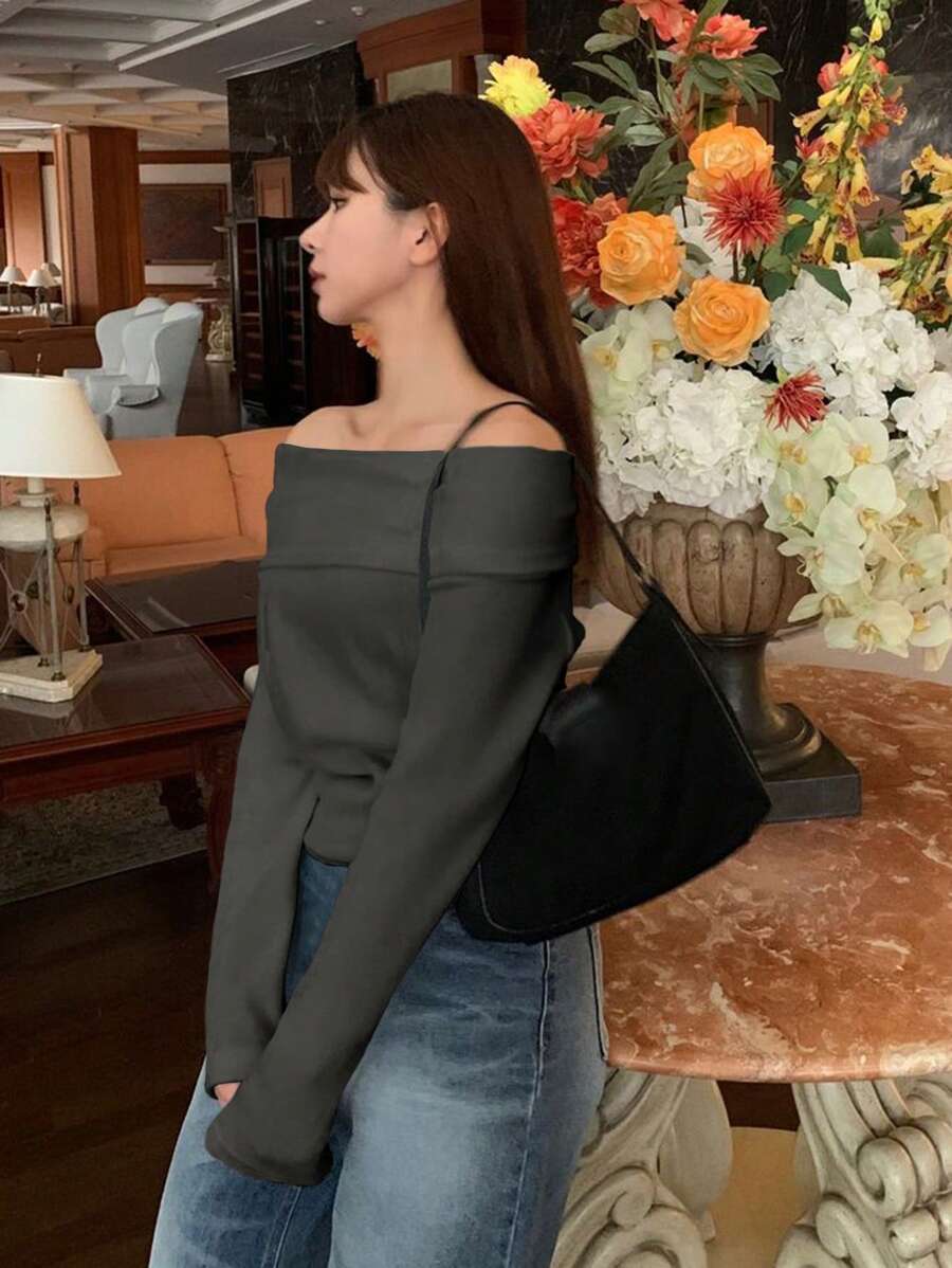 Women's Off-Shoulder Knit Top – Coffee Brown (Spring–Autumn)
