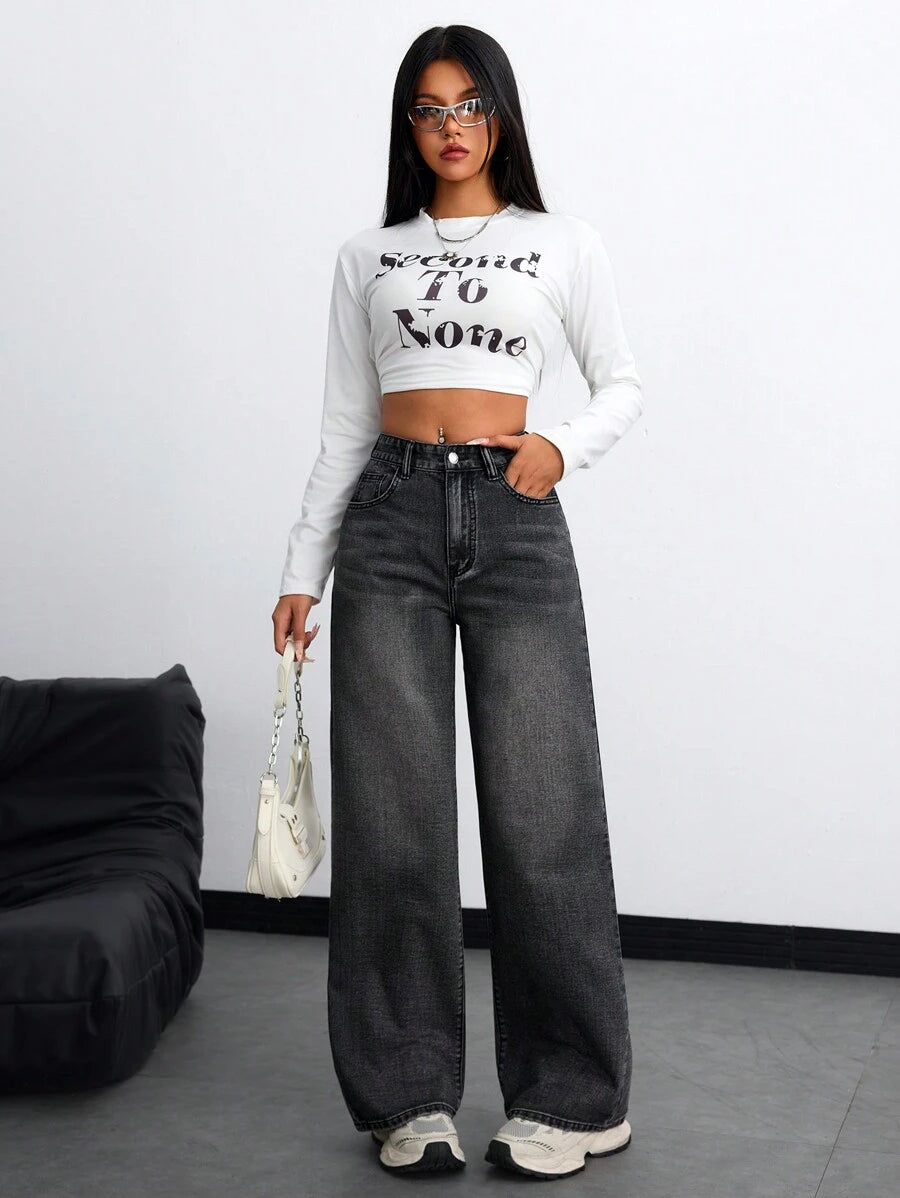 Women's Retro Washed Straight-Leg Jeans – Mid-Waist