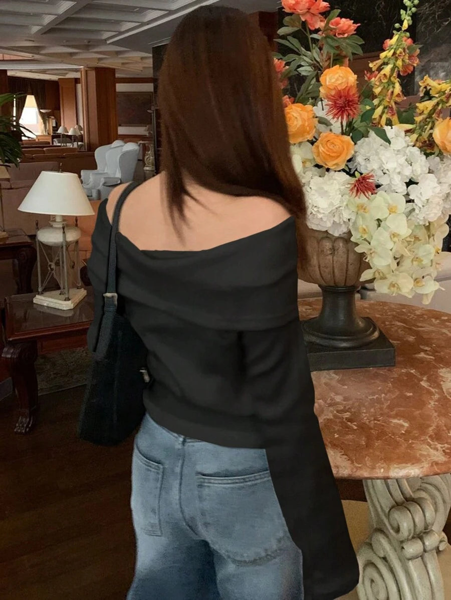Women's Off-Shoulder Knit Top – Coffee Brown (Spring–Autumn)
