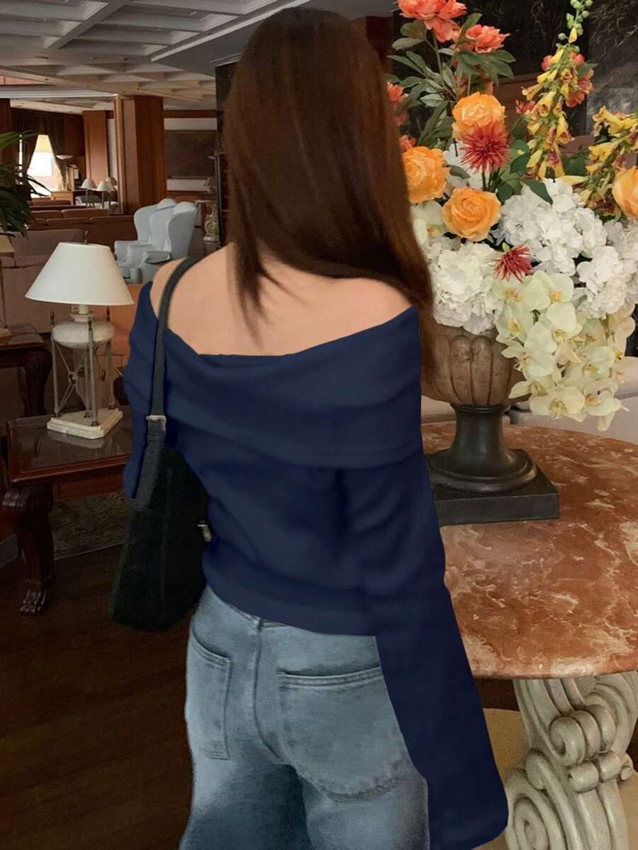 Women's Off-Shoulder Knit Top – Coffee Brown (Spring–Autumn)