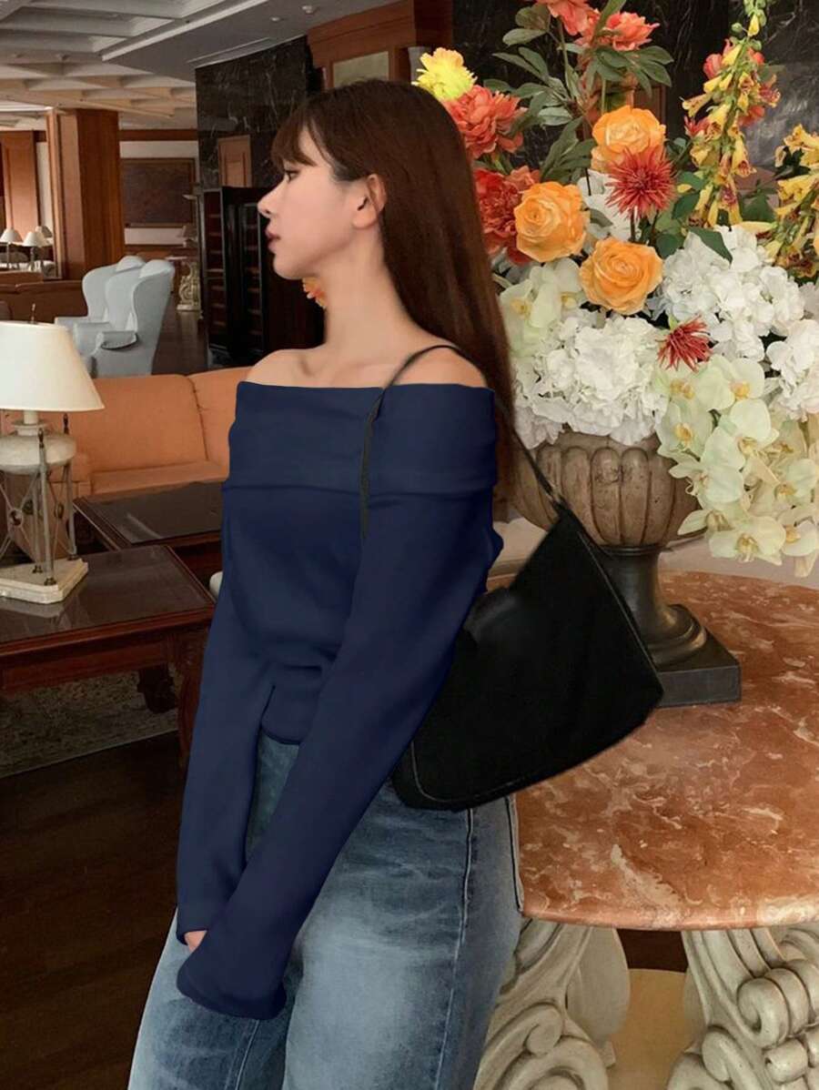 Women's Off-Shoulder Knit Top – Coffee Brown (Spring–Autumn)
