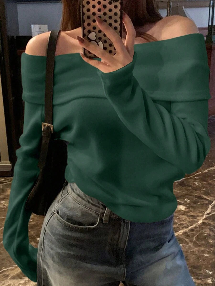 Women's Off-Shoulder Knit Top – Coffee Brown (Spring–Autumn)