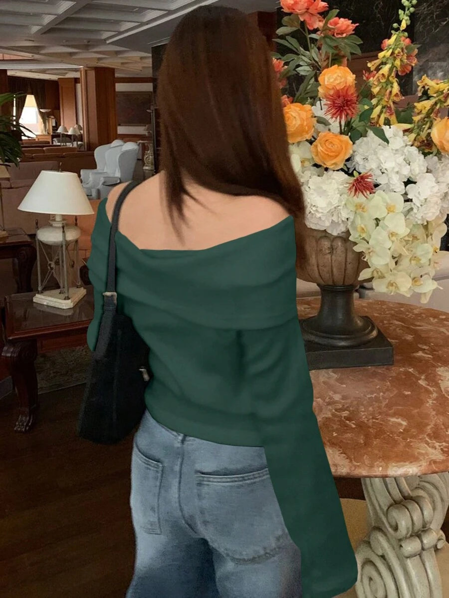 Women's Off-Shoulder Knit Top – Coffee Brown (Spring–Autumn)