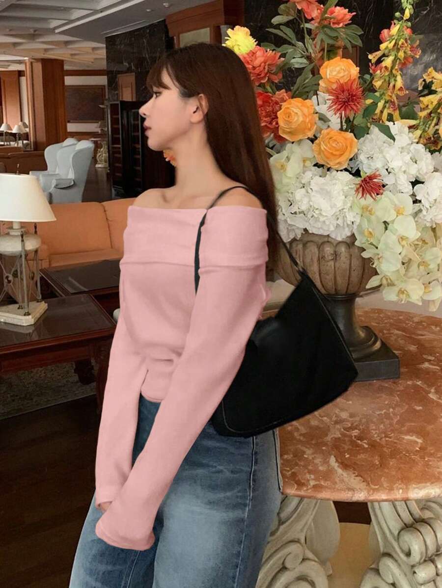 Women's Off-Shoulder Knit Top – Coffee Brown (Spring–Autumn)
