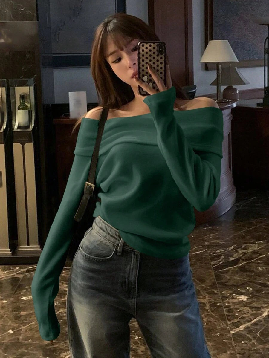 Women's Off-Shoulder Knit Top – Coffee Brown (Spring–Autumn)