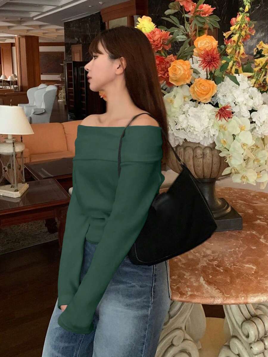 Women's Off-Shoulder Knit Top – Coffee Brown (Spring–Autumn)