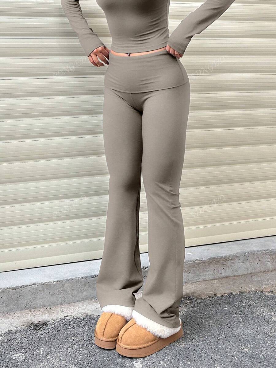 Women's High-Waist Flare Pants – Ruched Fold-Over Waist, Solid Color