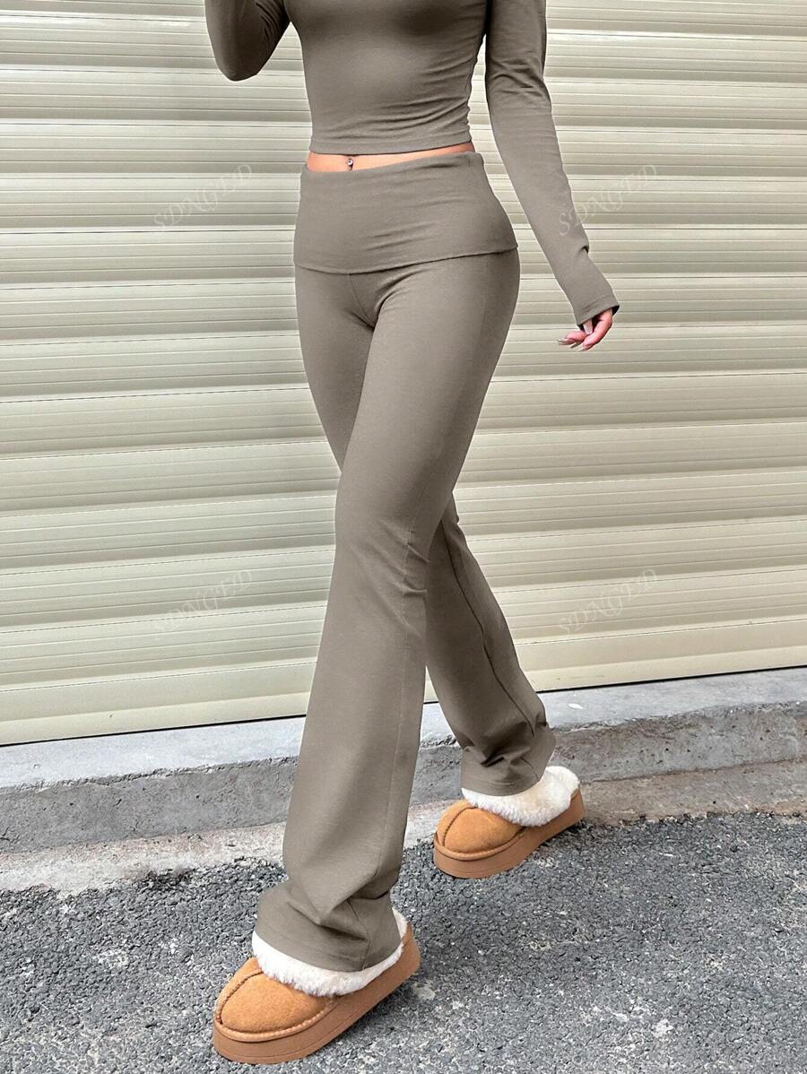 Women's High-Waist Flare Pants – Ruched Fold-Over Waist, Solid Color