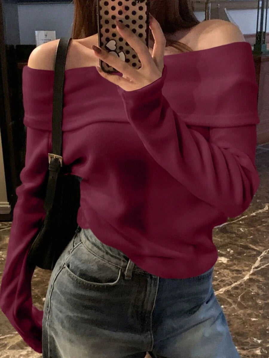 Women's Off-Shoulder Knit Top – Coffee Brown (Spring–Autumn)