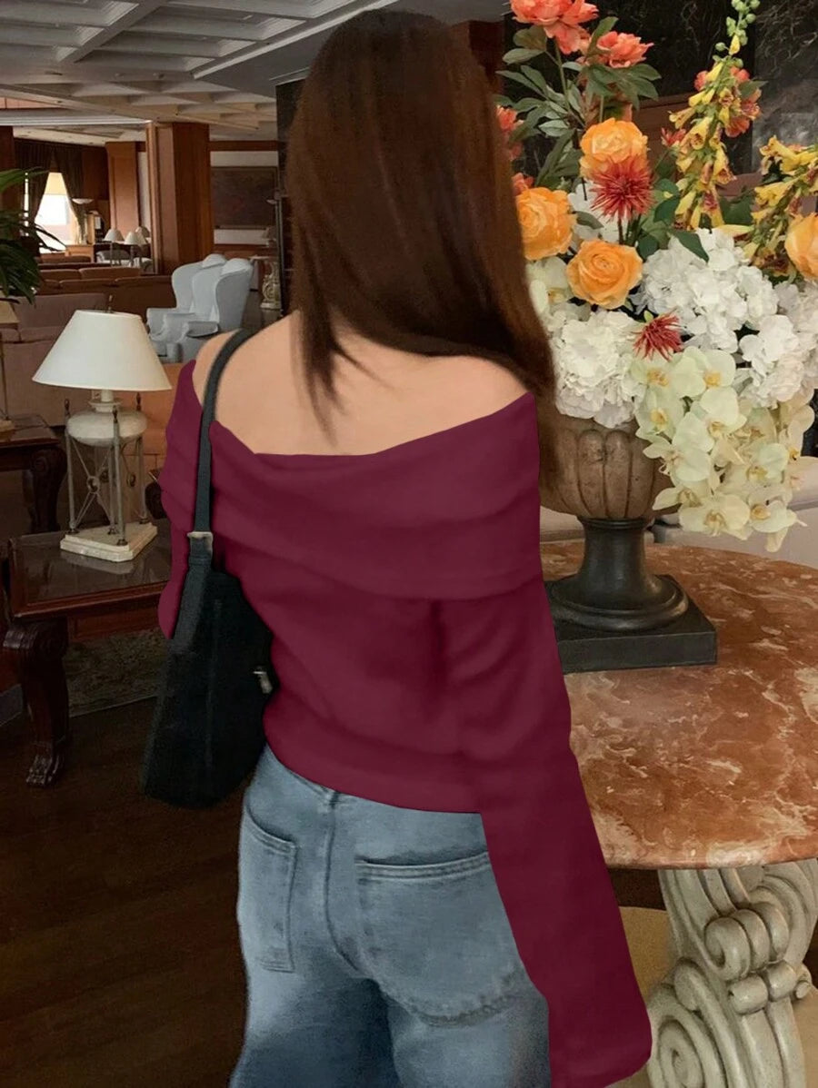 Women's Off-Shoulder Knit Top – Coffee Brown (Spring–Autumn)