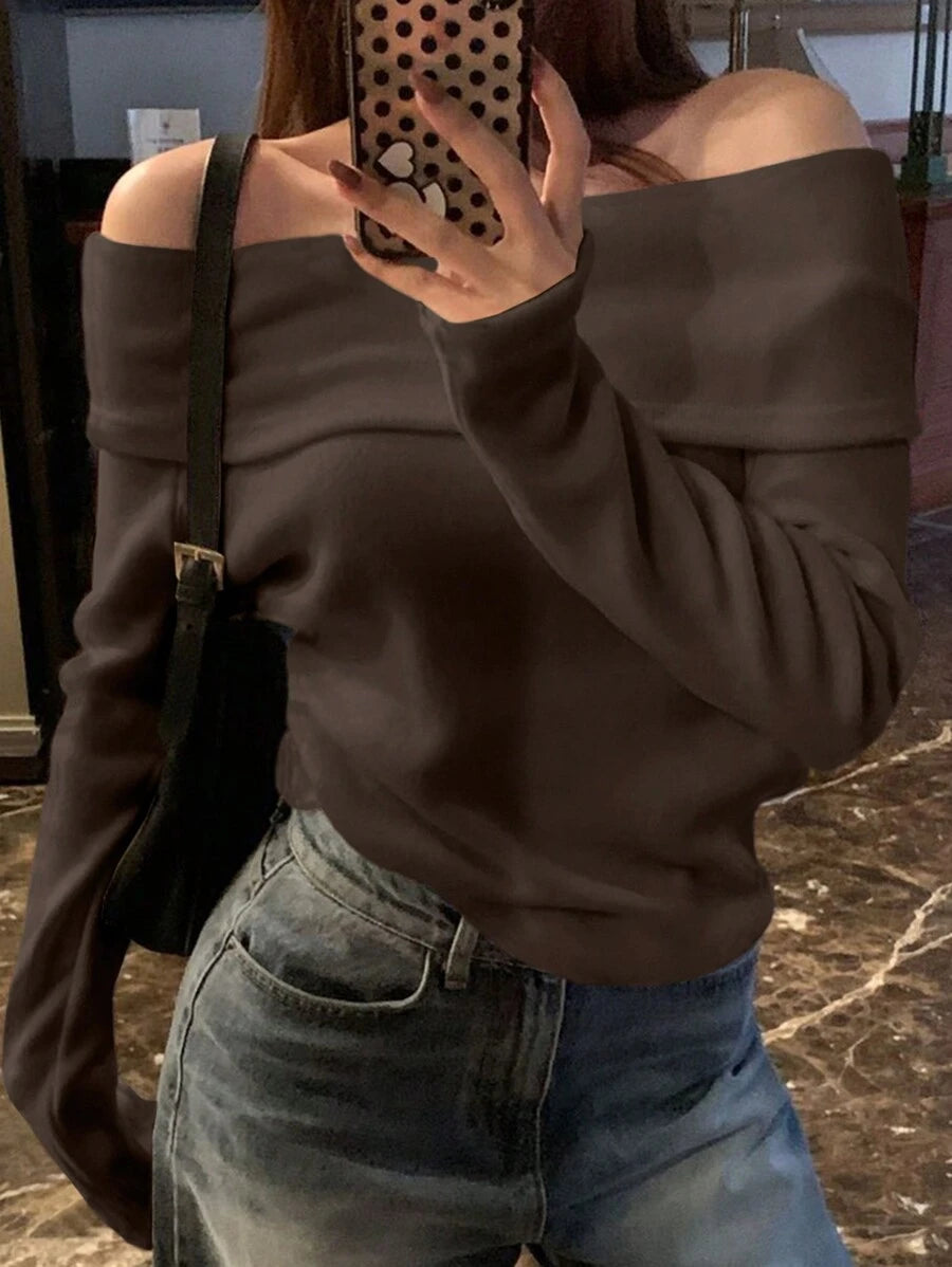 Women's Off-Shoulder Knit Top – Coffee Brown (Spring–Autumn)