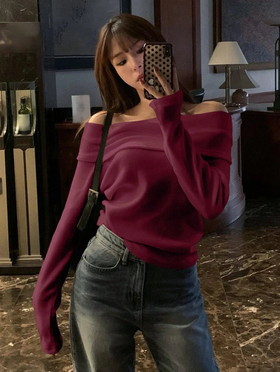 Women's Off-Shoulder Knit Top – Coffee Brown (Spring–Autumn)