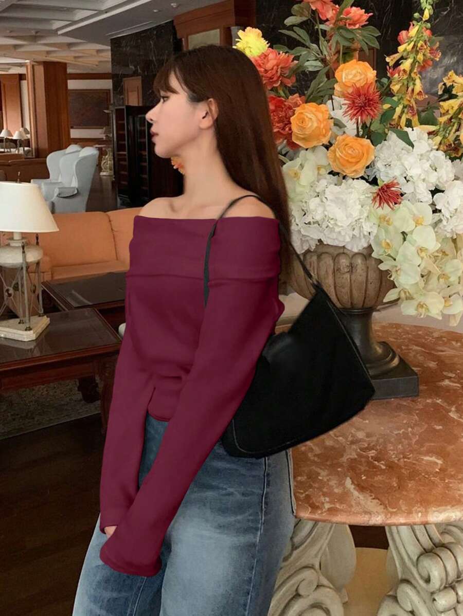 Women's Off-Shoulder Knit Top – Coffee Brown (Spring–Autumn)
