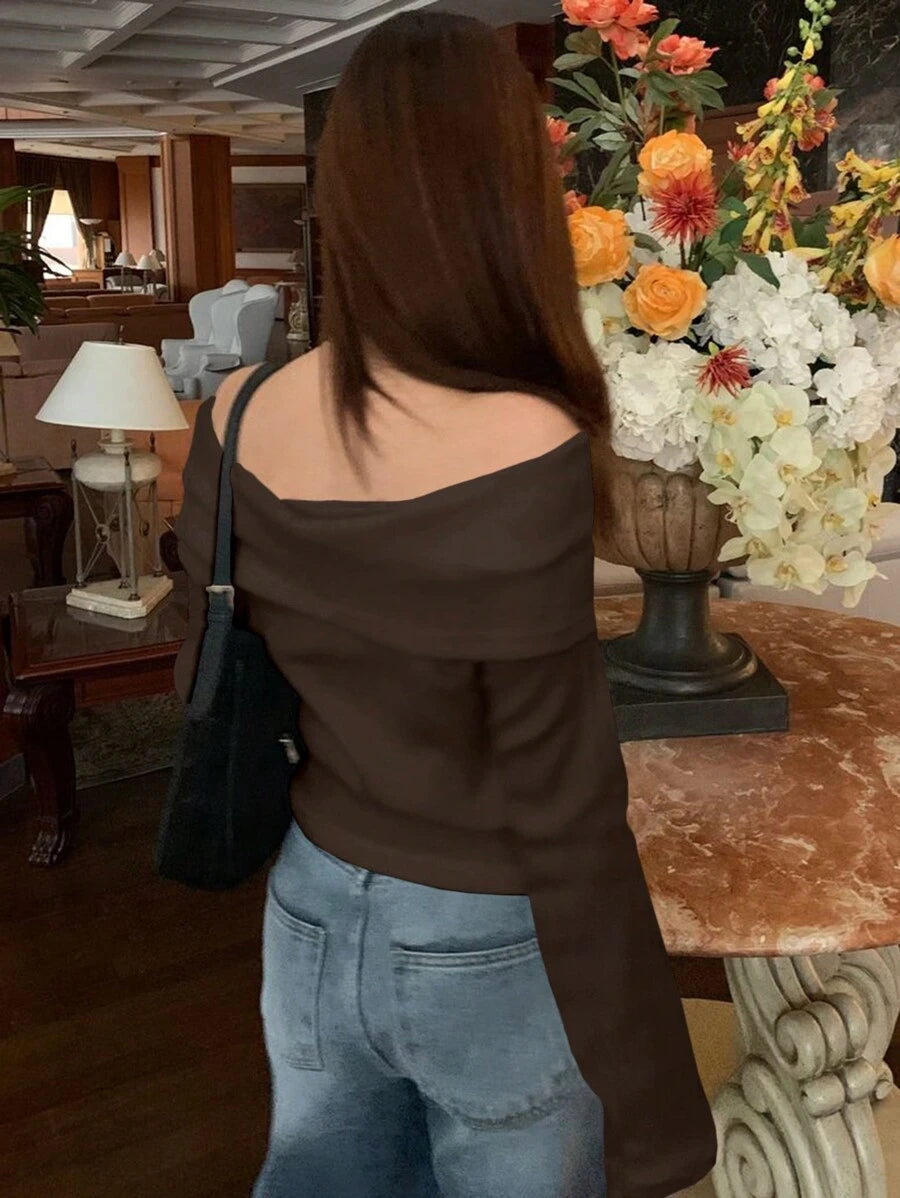 Women's Off-Shoulder Knit Top – Coffee Brown (Spring–Autumn)