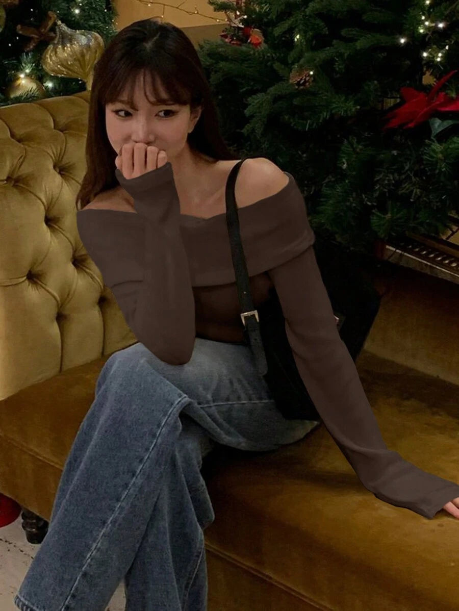 Women's Off-Shoulder Knit Top – Coffee Brown (Spring–Autumn)