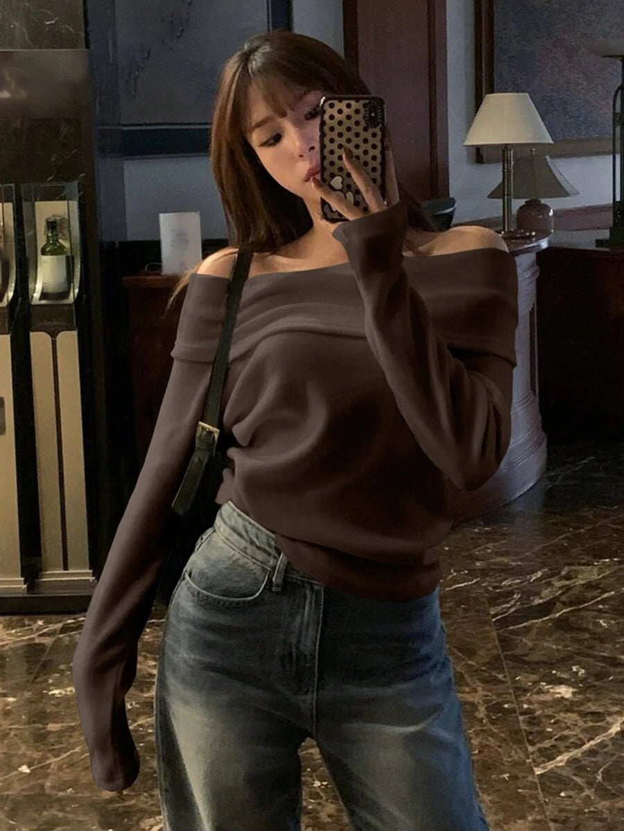 Women's Off-Shoulder Knit Top – Coffee Brown (Spring–Autumn)