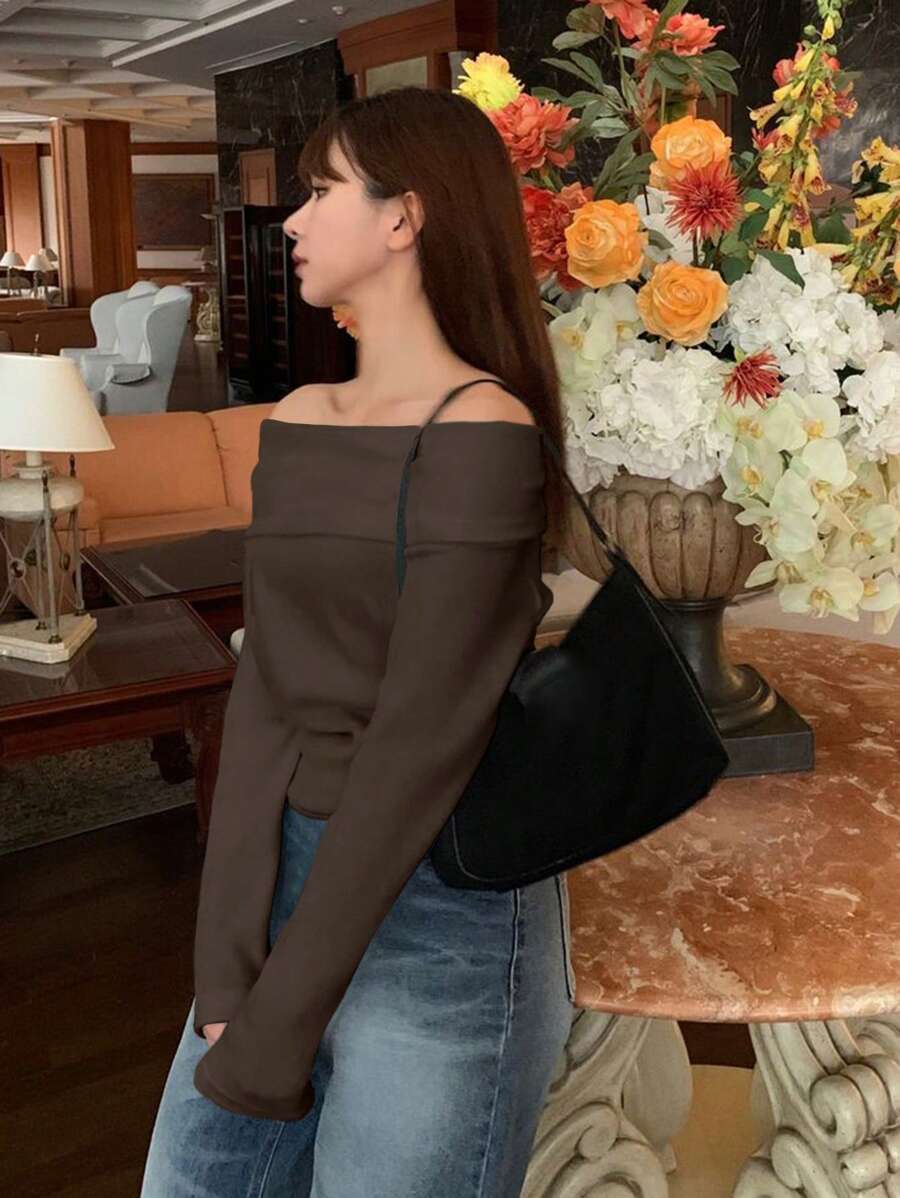 Women's Off-Shoulder Knit Top – Coffee Brown (Spring–Autumn)